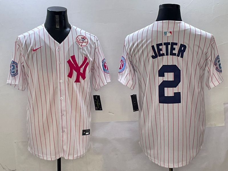 Men New York Yankees #2 Jeter White Stripe Jointly Name Nike 2025 MLB Jersey style 5